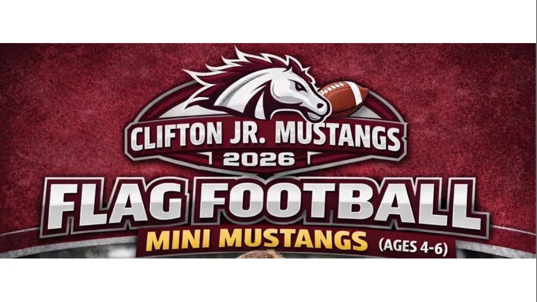 A horse's head and football over Flag Football Mini Mustangs (Ages 4-6) spelled out below