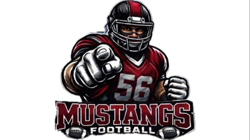 A football player pointing at the screen with Mustangs Football spelled out below